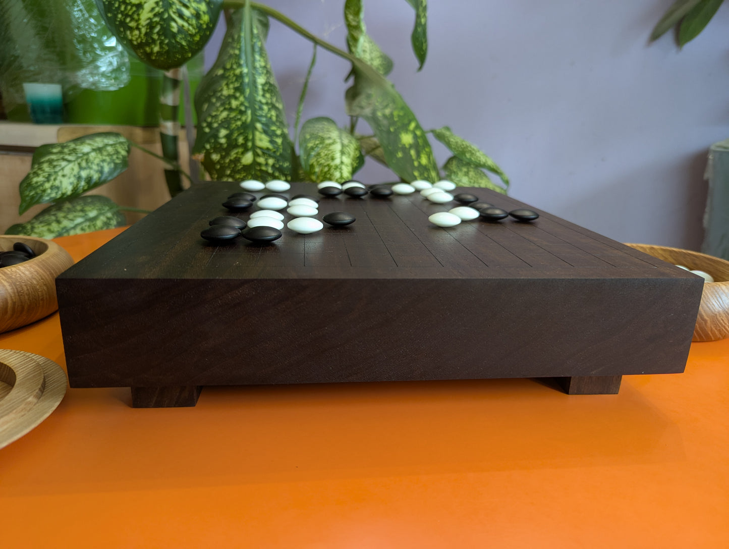 13x13 solid Walnut game Go board. Hand carved lines