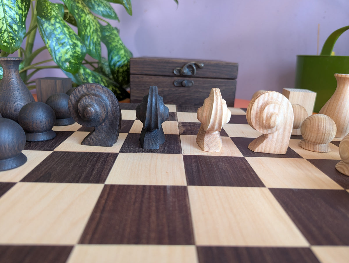 Handmade wood abstract geometric chess set