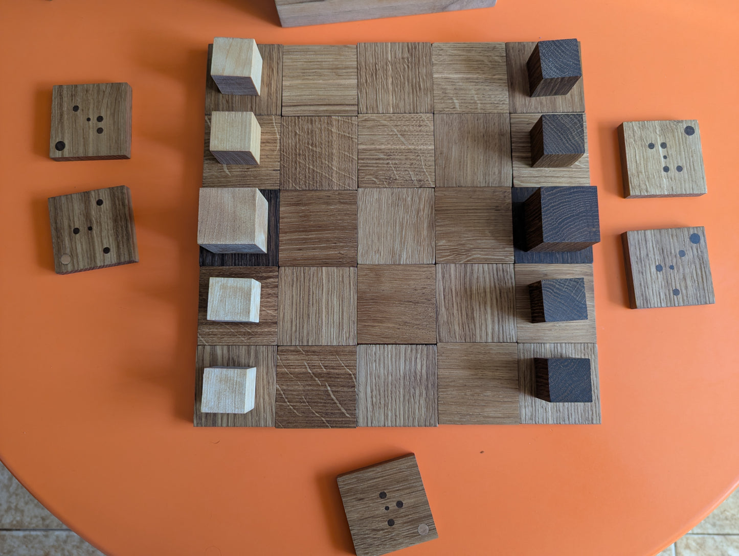 Cubic Onitama wooden game set. Hardwood wood tiles. Martial arts game.