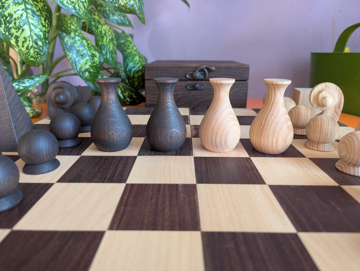 Handmade wood abstract geometric chess set