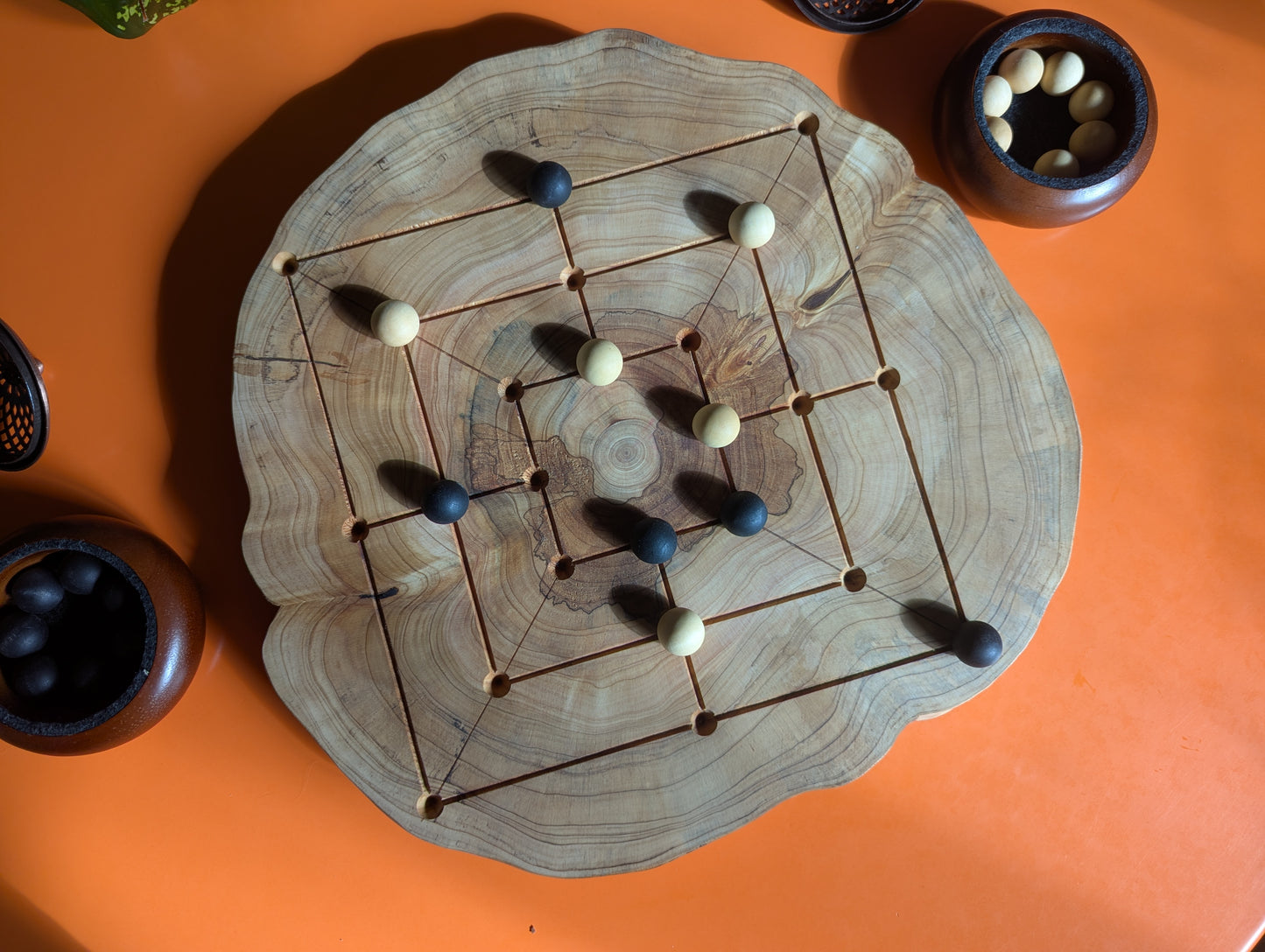 Handmade Twelve/Nine men's Morris game set. Circle Juniper wood board with live egde.