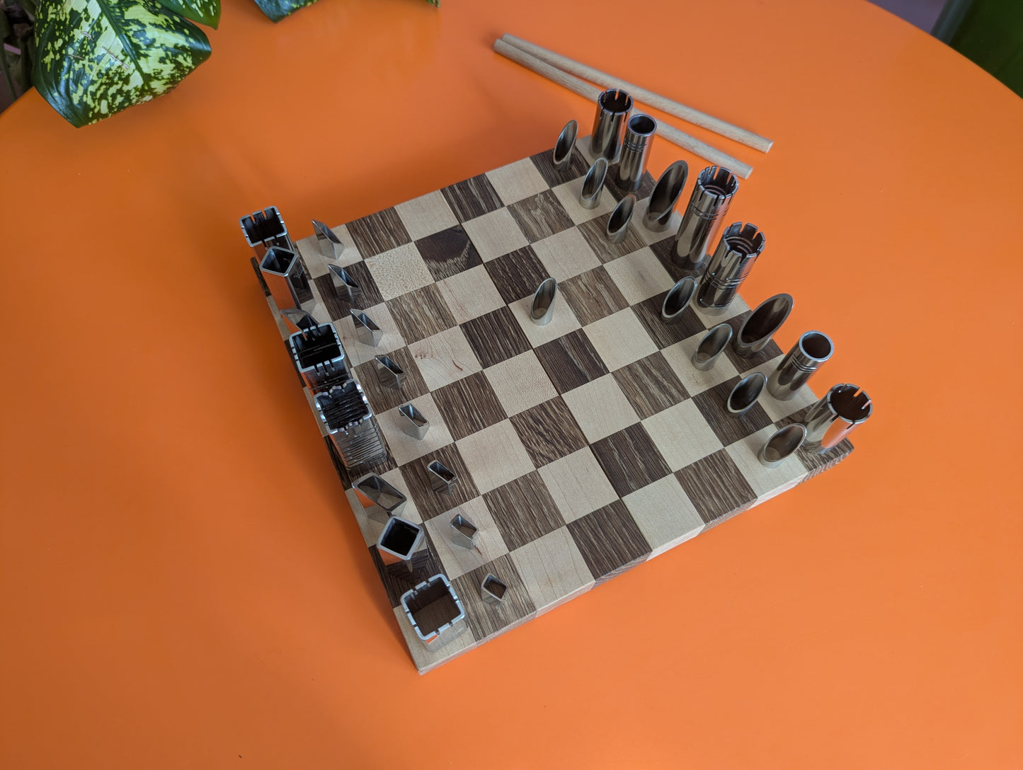 Compact Foldable Stainless Steel Chess Set with Wooden Chessboard/box. Handmade.