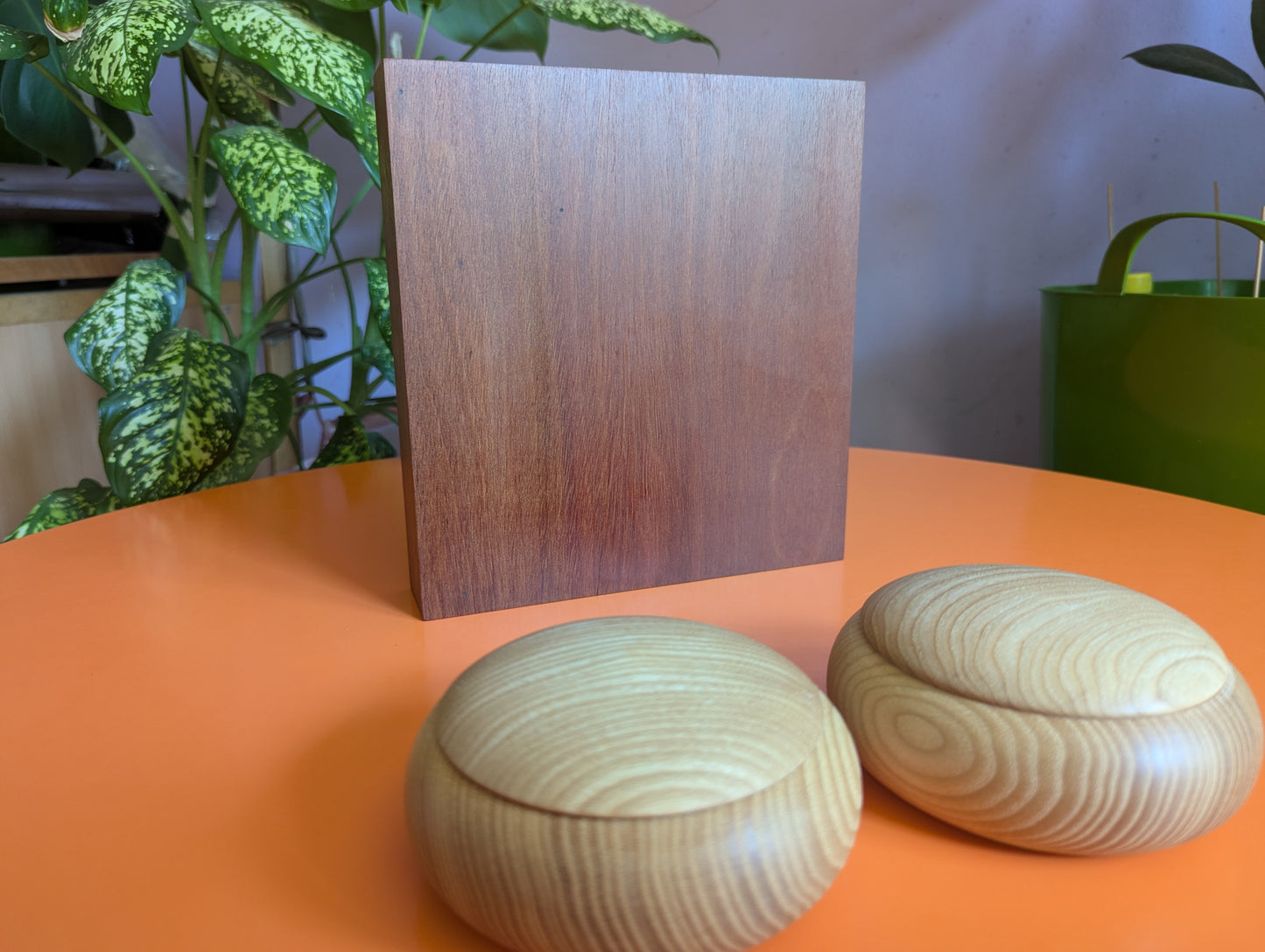 Redwood 9x9 game Go set. Hand carved solid wood Goban.