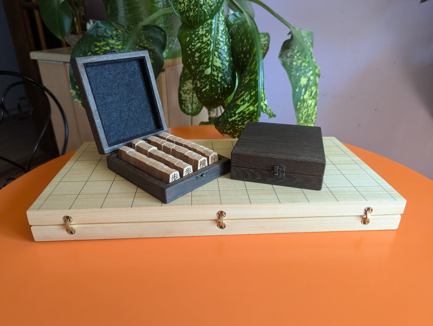 Foldable Chu Shogi game set. Handmade solid walnut Middle Shogi with thick maple pieces