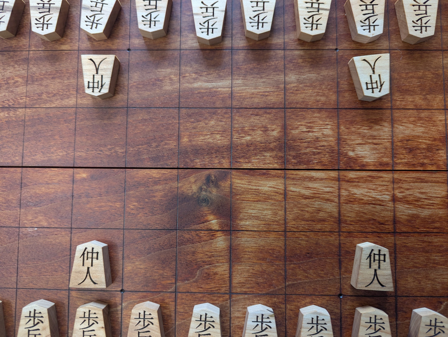 Foldable Chu Shogi game set. Handmade solid walnut Middle Shogi with thick maple pieces