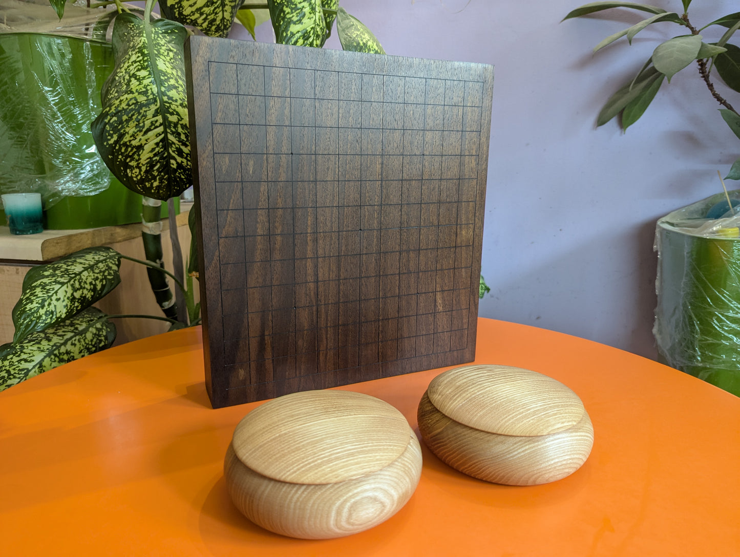 13x13 solid Walnut game Go board. Hand carved lines