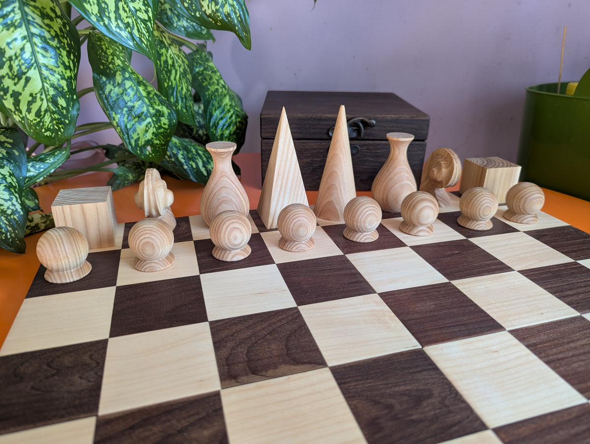 Handmade wood abstract geometric chess set