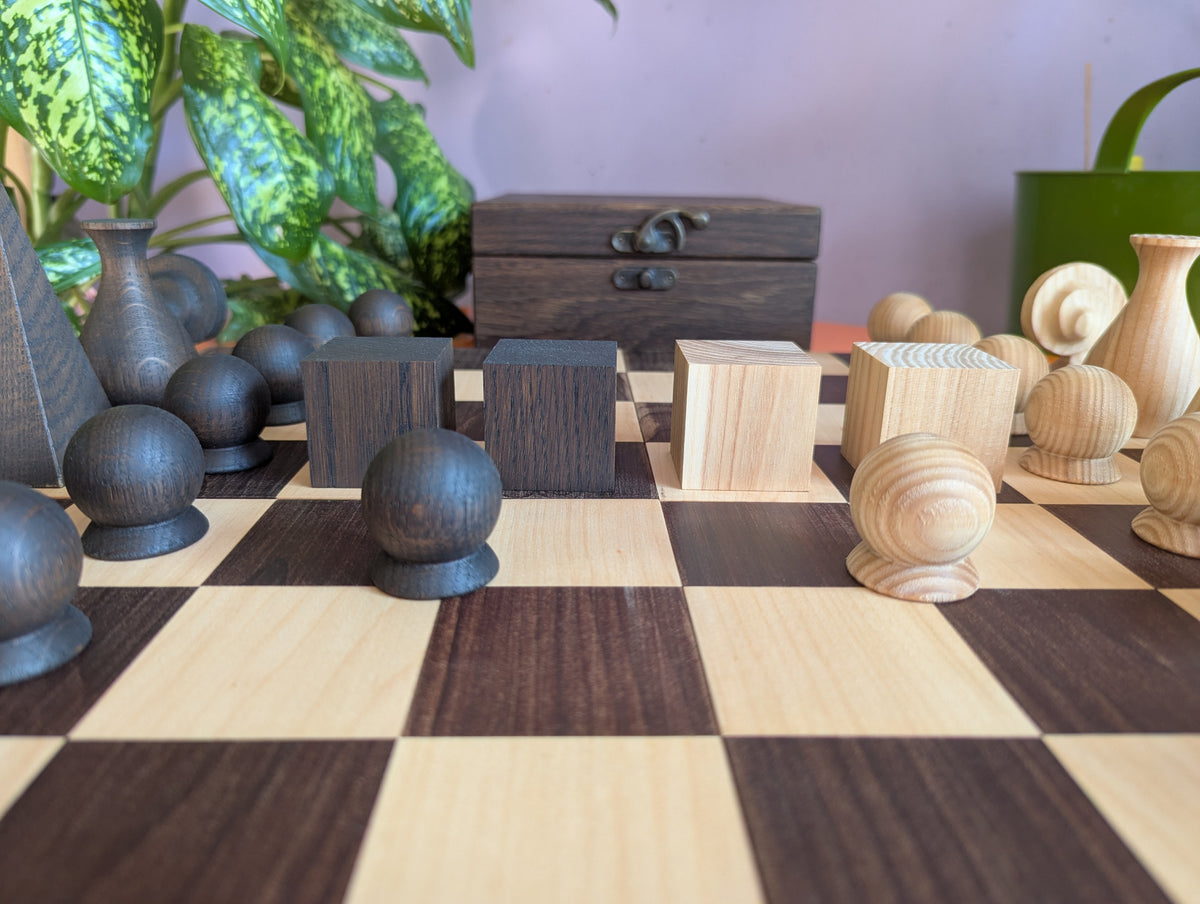 Handmade wood abstract geometric chess set