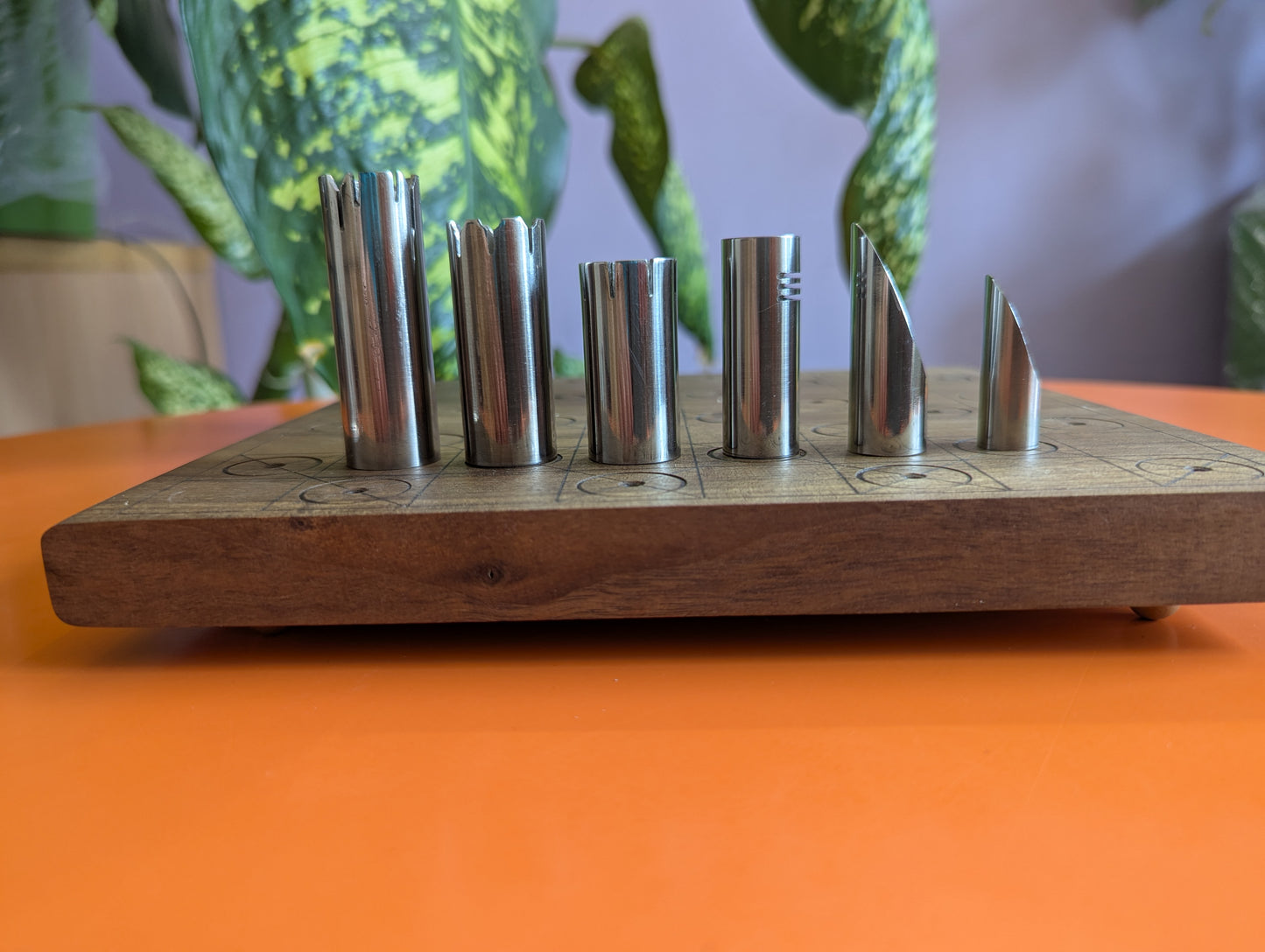 Stainless Steel Chess Set with one-color solid walnut Chessboard. Handmade