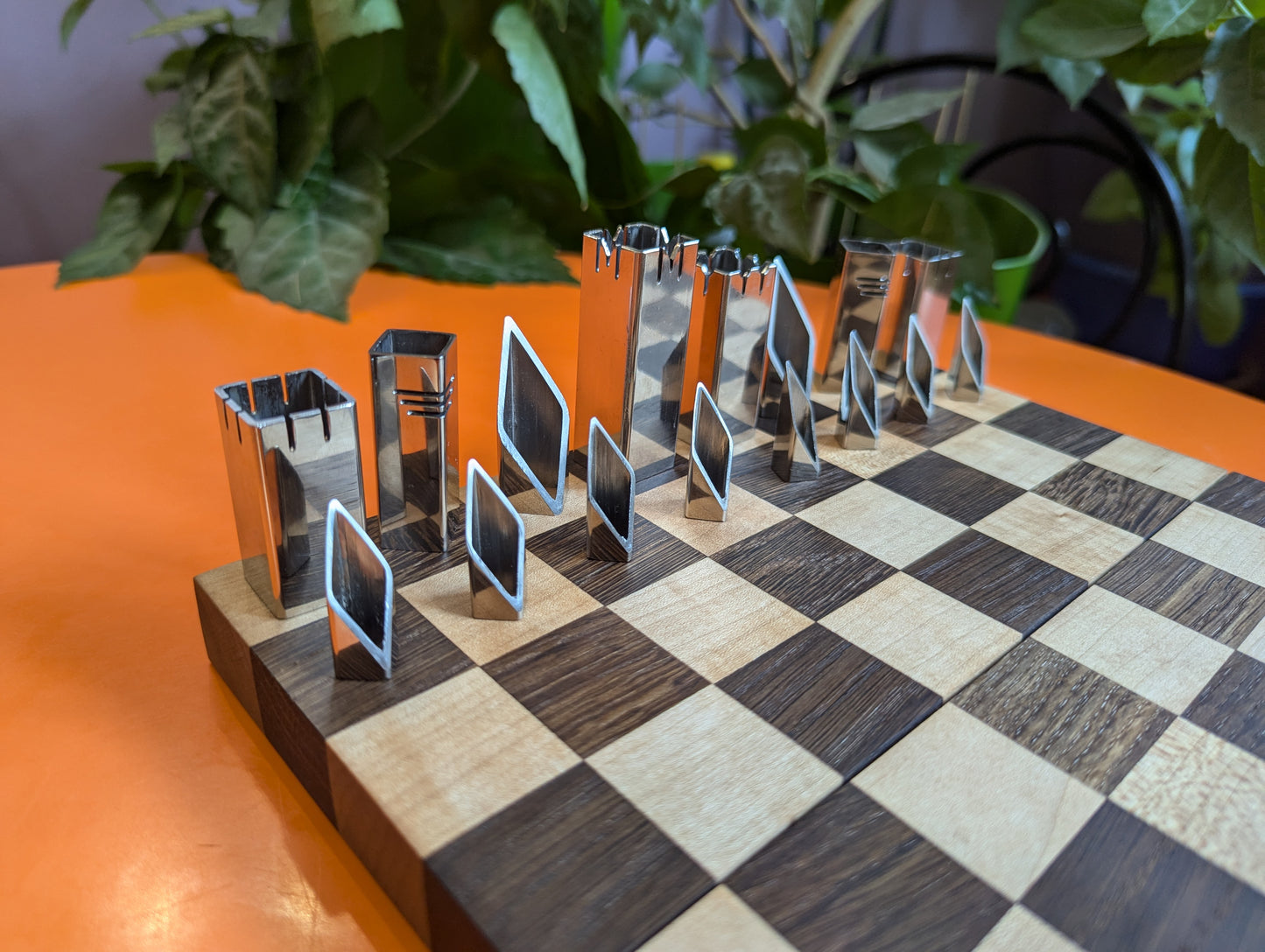 Small Foldable Stainless Steel Chess Set with Wooden Chessboard/box. Handmade.