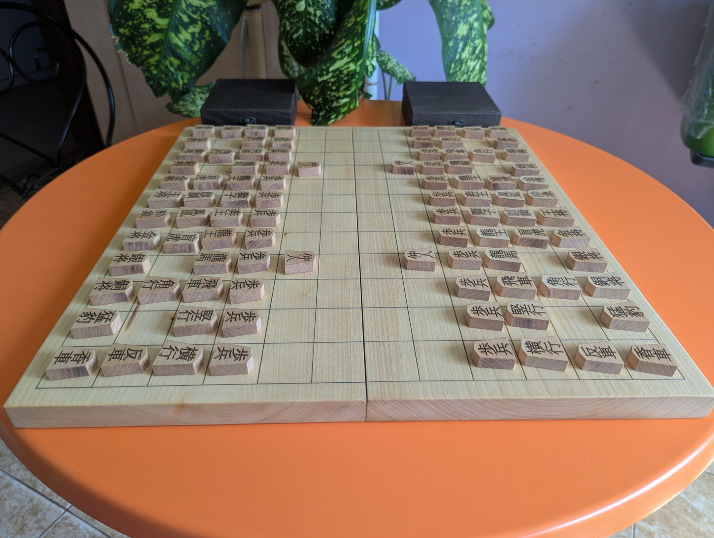 Foldable Chu Shogi game set. Handmade solid walnut Middle Shogi with thick maple pieces