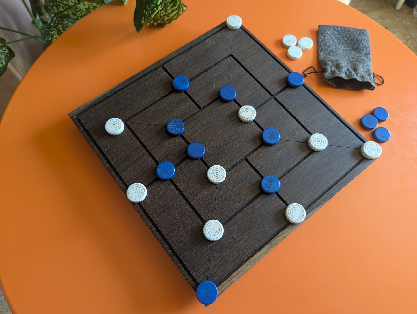 Handmade Twelve/Nine men's Morris game set. 13.5" Solid bog oak wood board