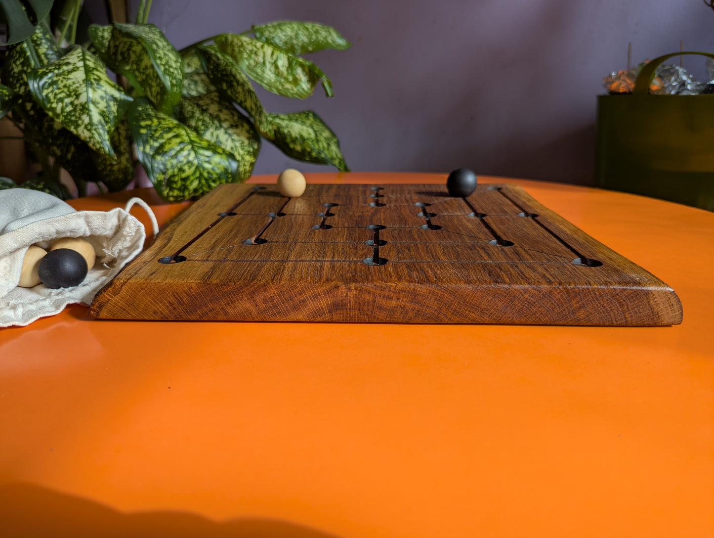 Handmade Twelve/Nine men's Morris game set. Solid oak wood board with live egde.