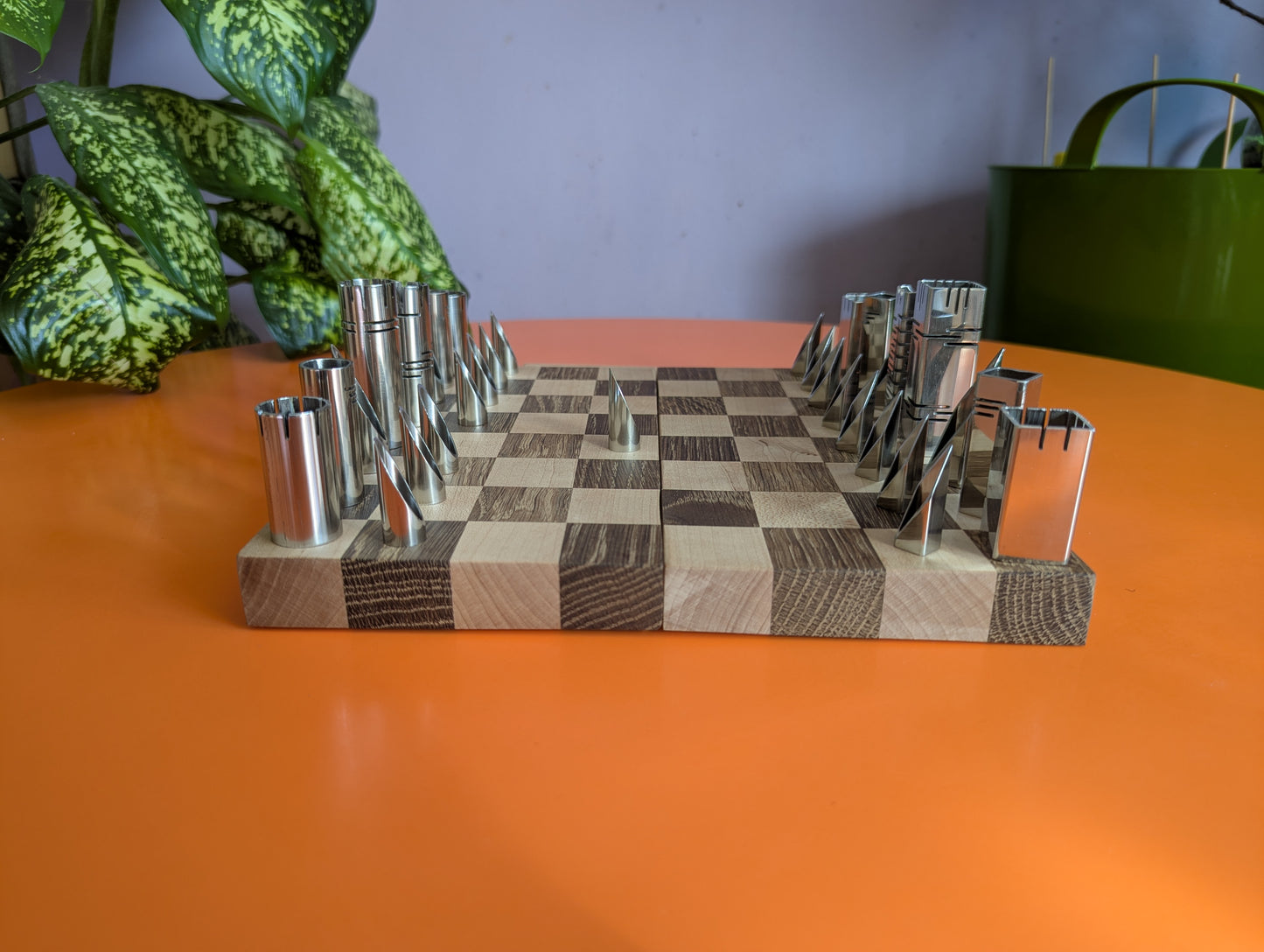 Compact Foldable Stainless Steel Chess Set with Wooden Chessboard/box. Handmade.