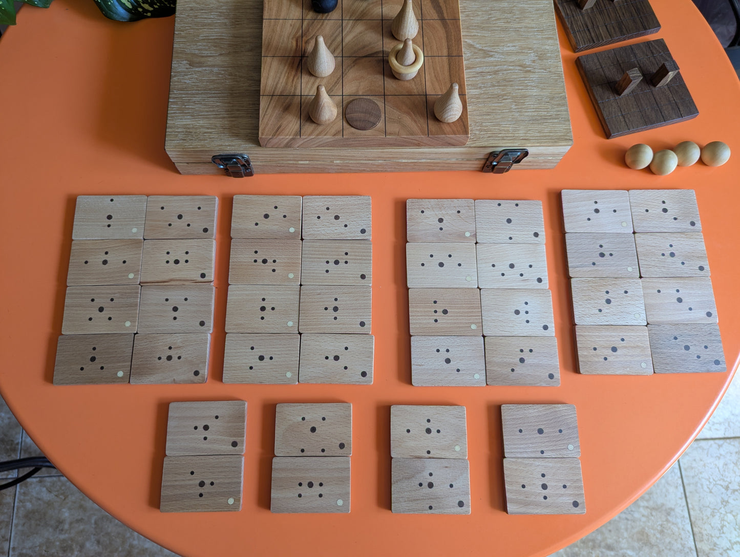 Compact wooden Onitama game set. Hardwood wood tiles. Martial arts game.