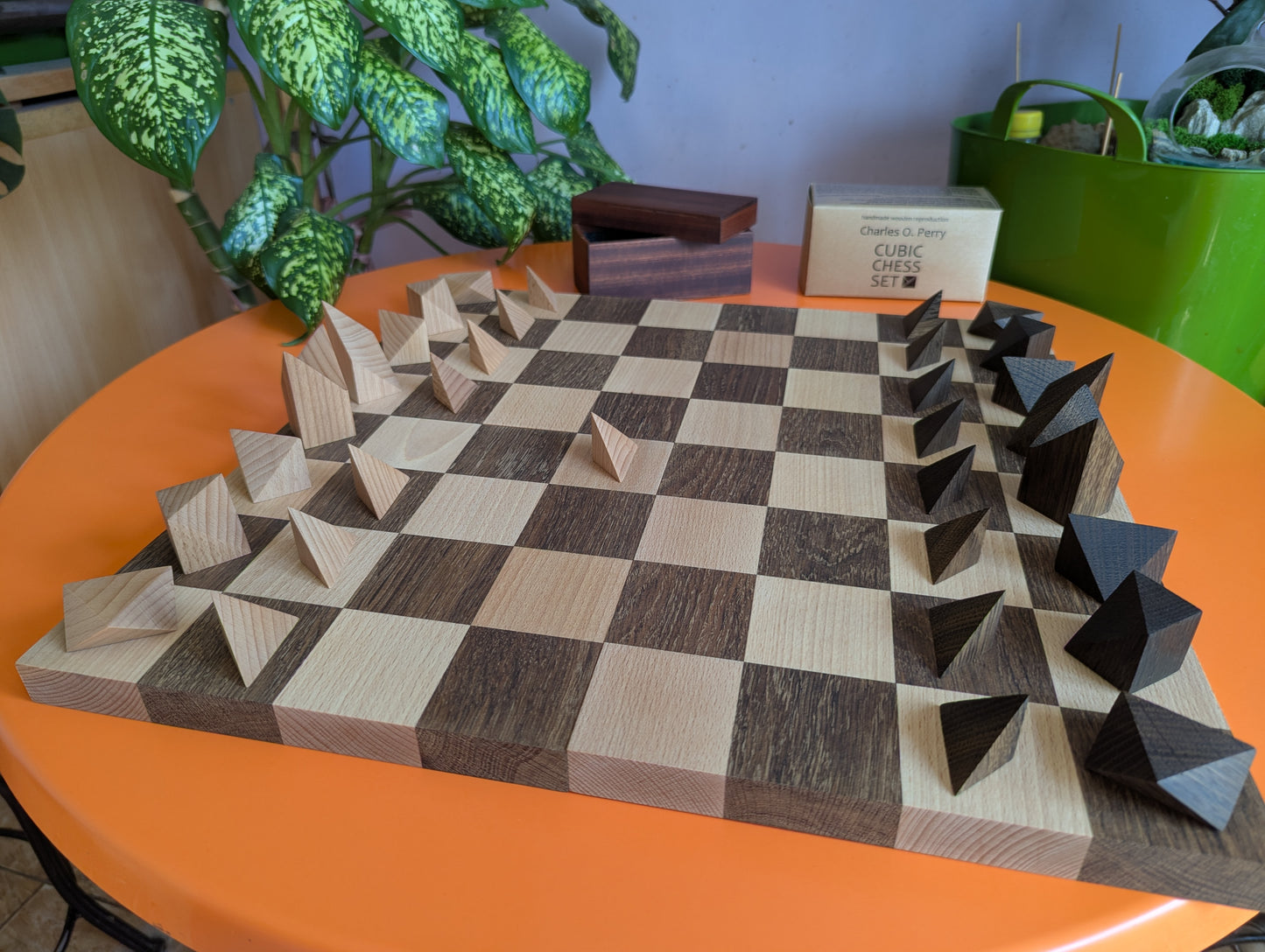 Cubic Chess Set by Charles O. Perry. Handmade wooden reproduction