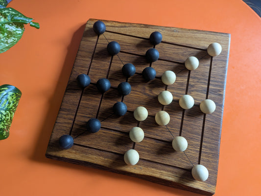 Handmade Twelve/Nine men's Morris game set. Solid oak wood board with live egde.