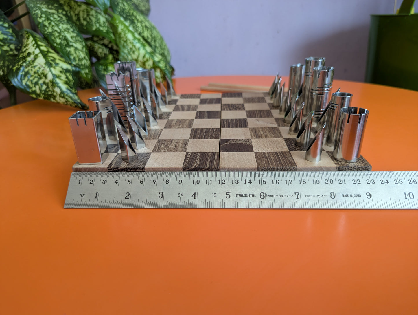 Compact Foldable Stainless Steel Chess Set with Wooden Chessboard/box. Handmade.