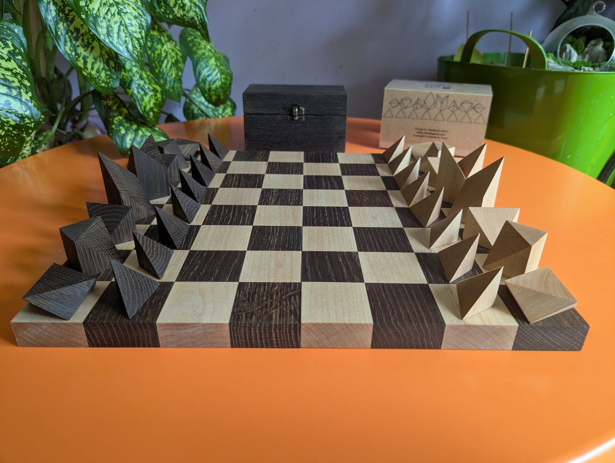 Cubic Chess Set by Charles O. Perry. Handmade wooden reproduction