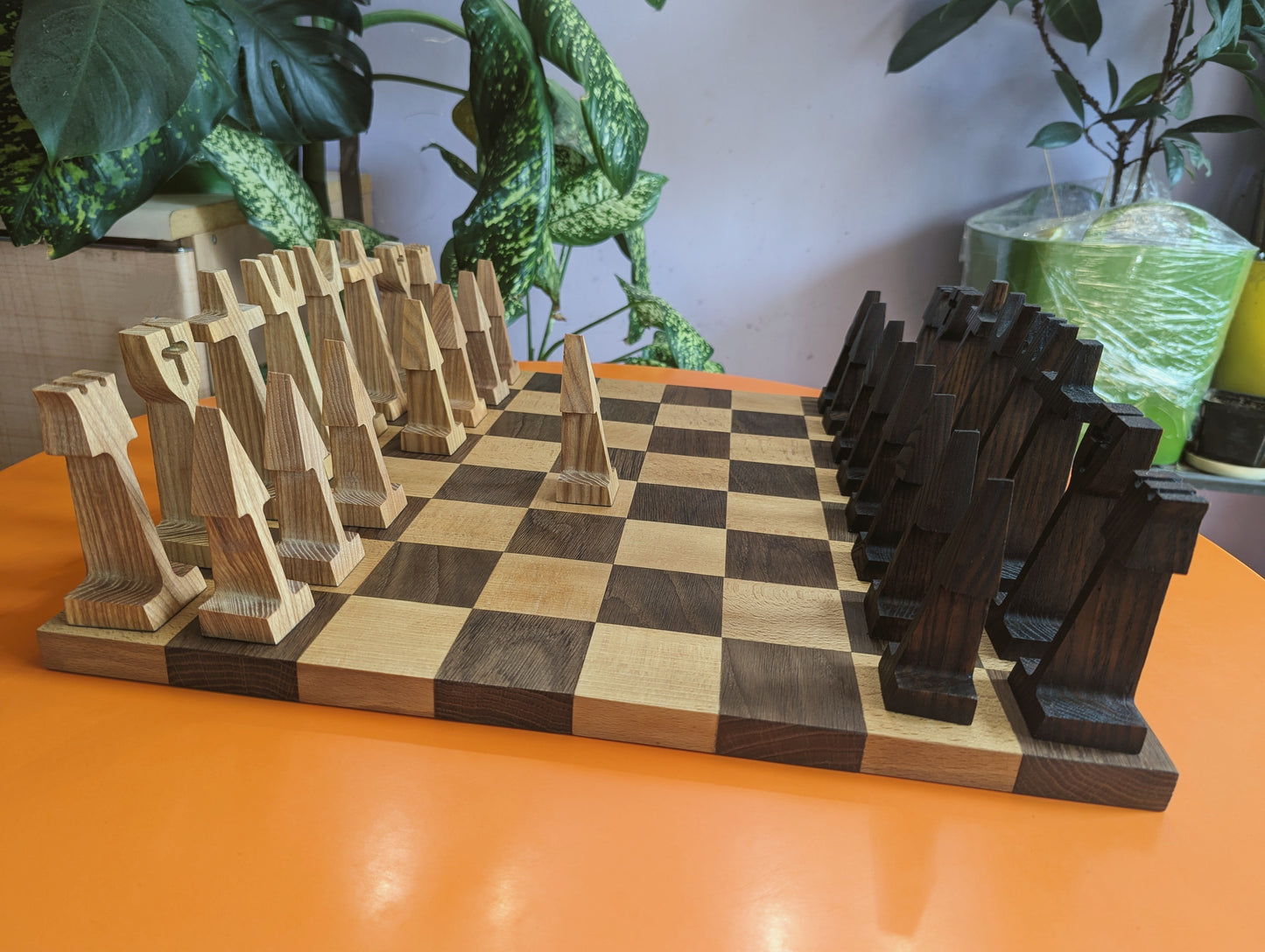 5" handmade wooden abstract chess set in wooden box-stand