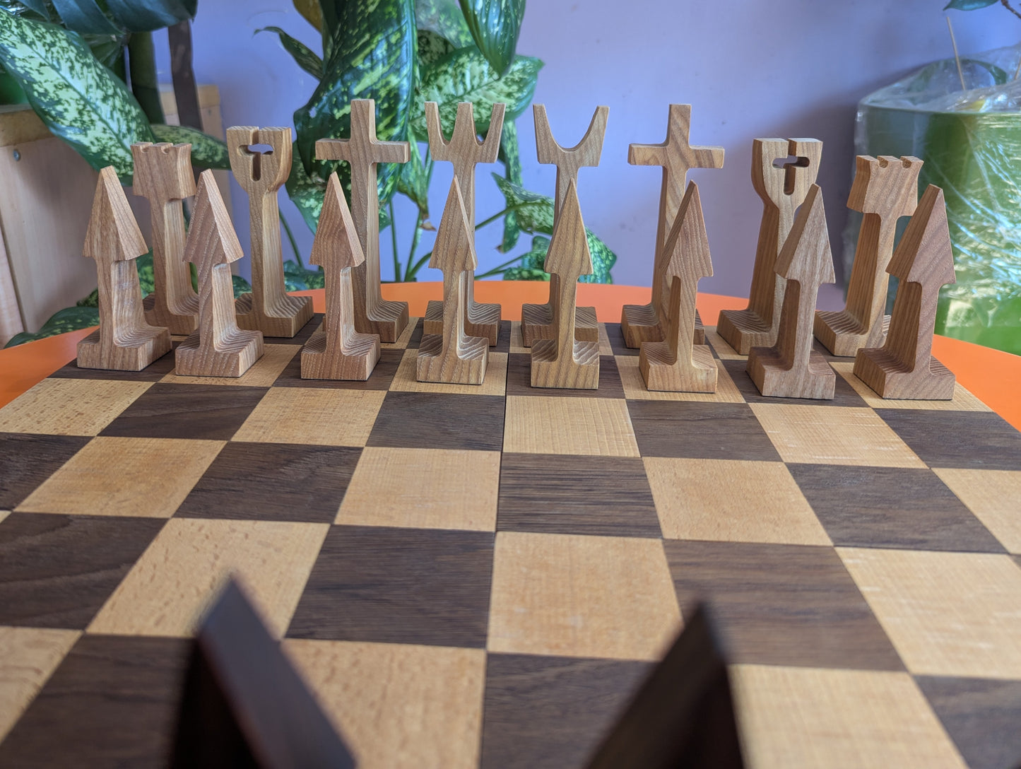 5" handmade wooden abstract chess set in wooden box-stand