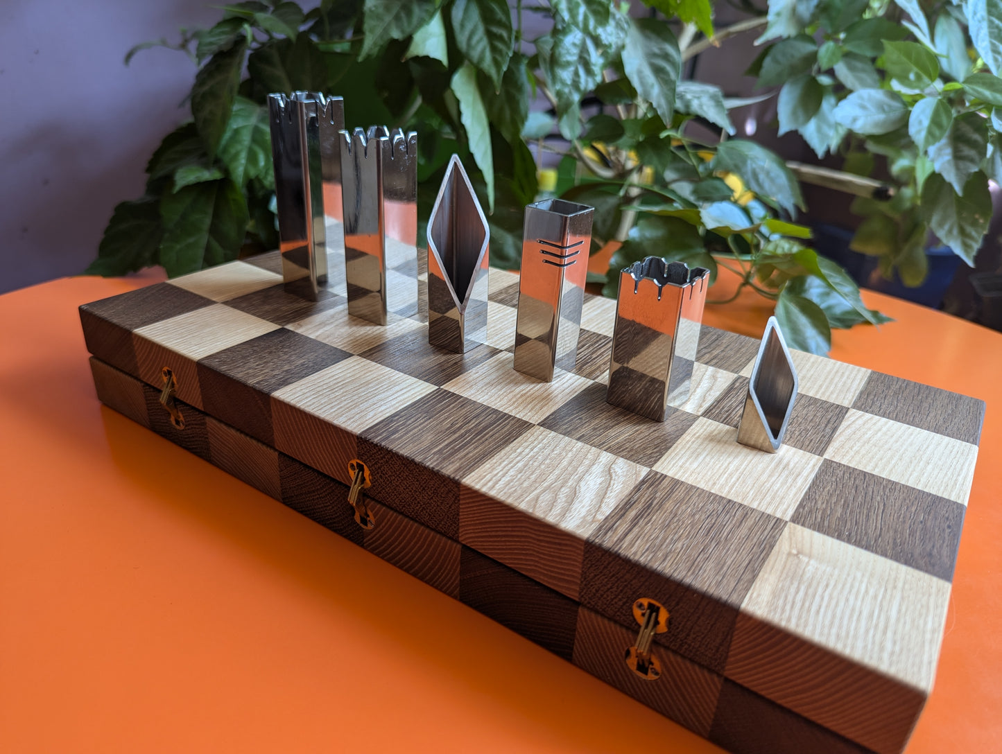 Foldable Stainless Steel Chess Set with Wooden Chessboard/box. Handmade.