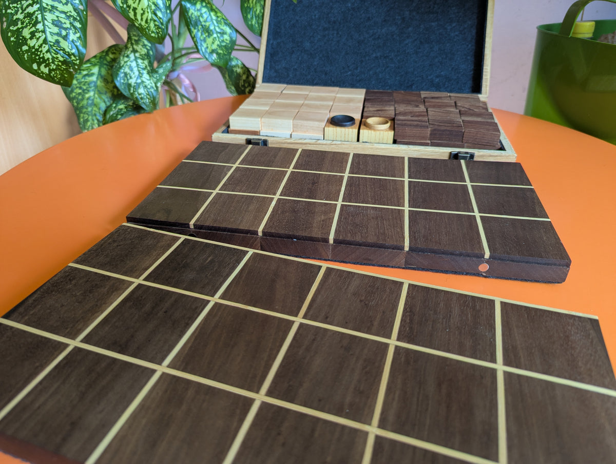 Foldable wooden Tak game set. 14" Walnut wood board