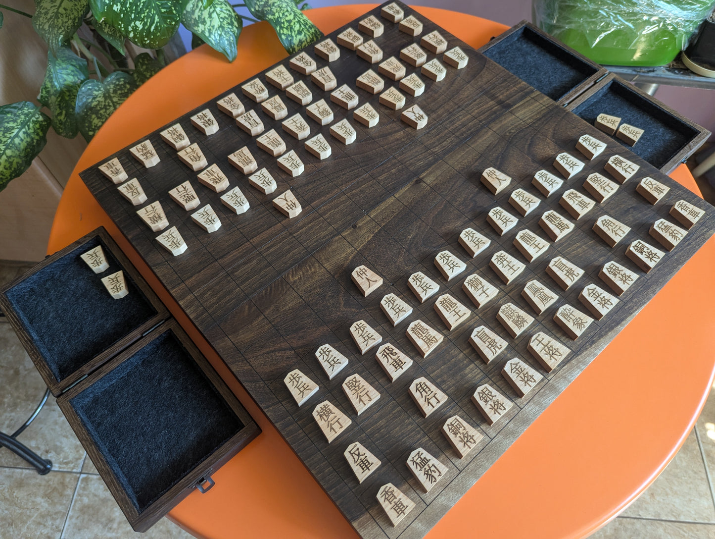 Chu Shogi game set. Foldable Handmade solid walnut Middle Shogi with thick maple pieces. Traditional Japanese games.