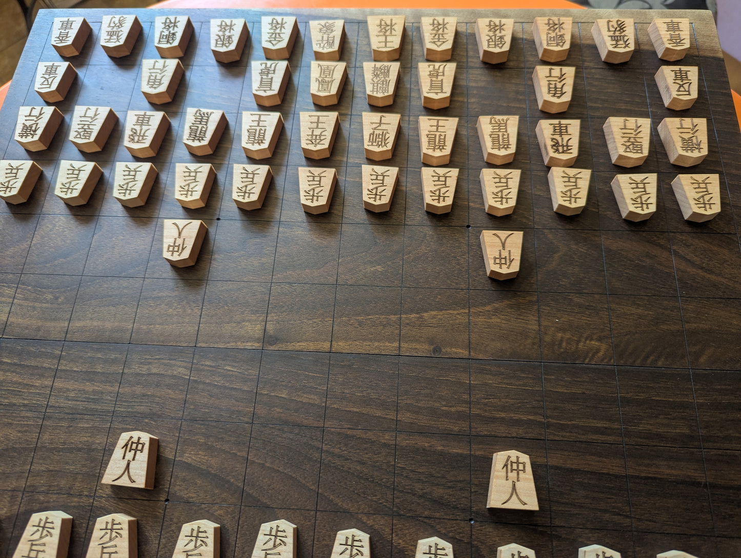 Chu Shogi game set. Foldable Handmade solid walnut Middle Shogi with thick maple pieces. Traditional Japanese games.