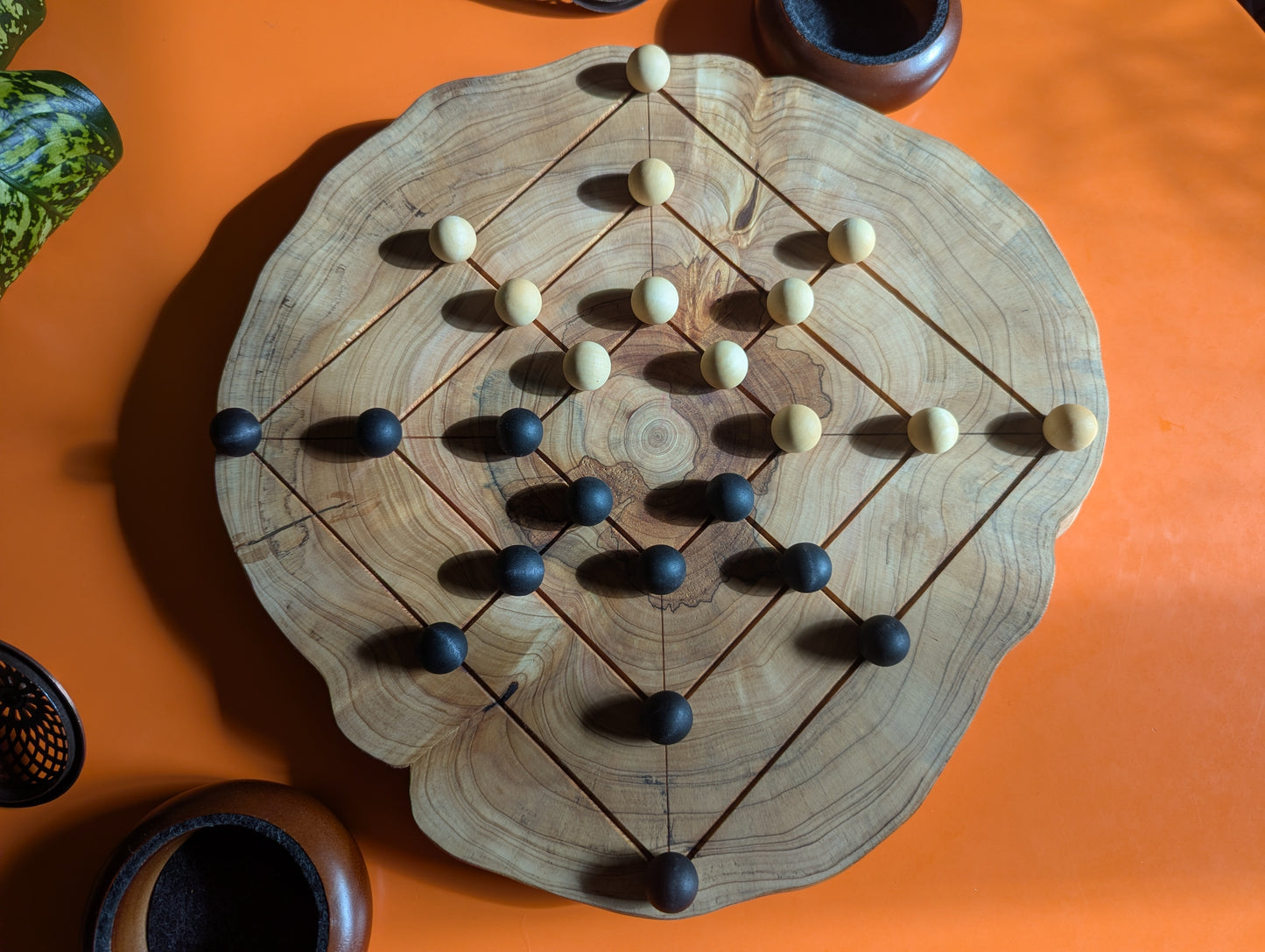 Handmade Twelve/Nine men's Morris game set. Circle Juniper wood board with live egde.