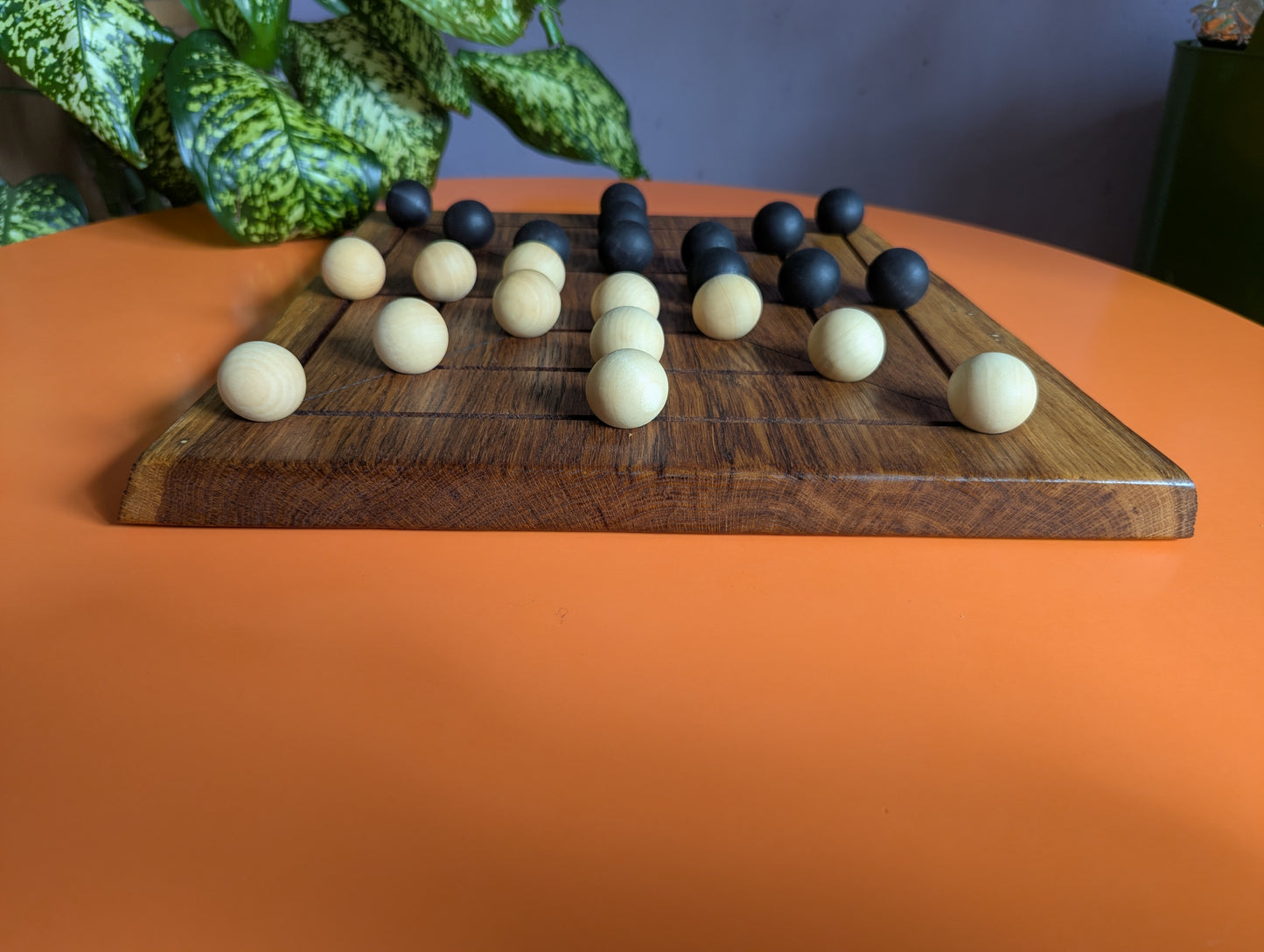 Handmade Twelve/Nine men's Morris game set. Solid oak wood board with live egde.