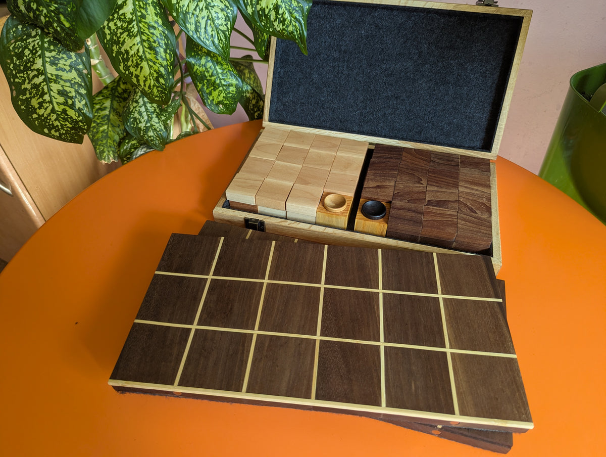Foldable wooden Tak game set. 14" Walnut wood board