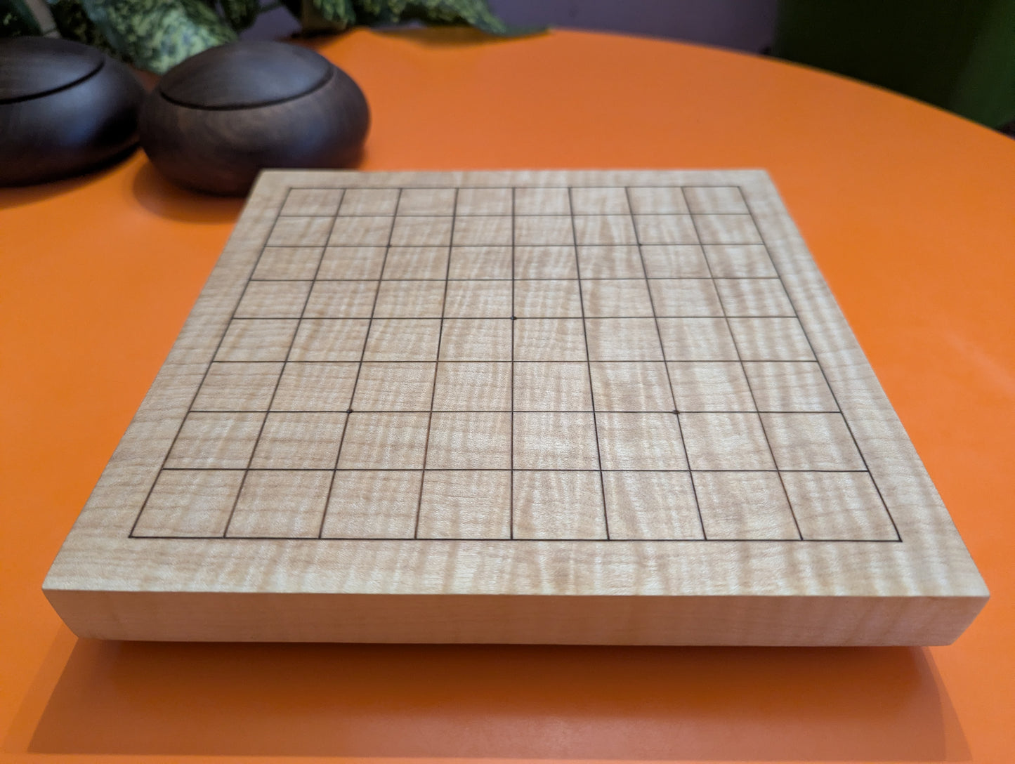 Solid maple 9x9 Goban with wave grain wood. Hand carved game Go board.