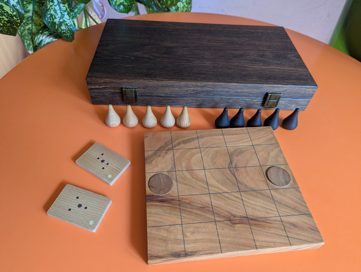 Wooden Onitama game set. Hardwood wood tiles. Martial arts game.