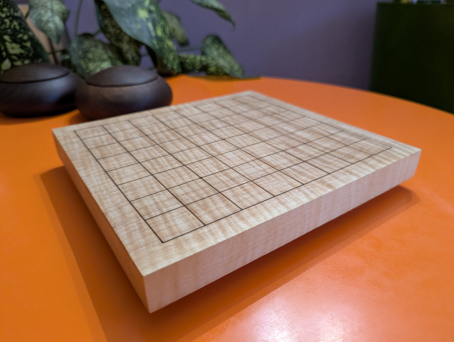Solid maple 9x9 Goban with wave grain wood. Hand carved game Go board.