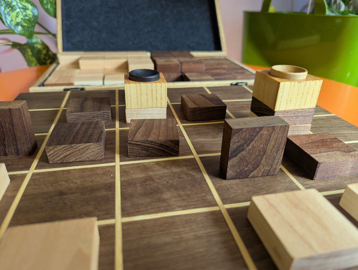 Foldable wooden Tak game set. 14" Walnut wood board