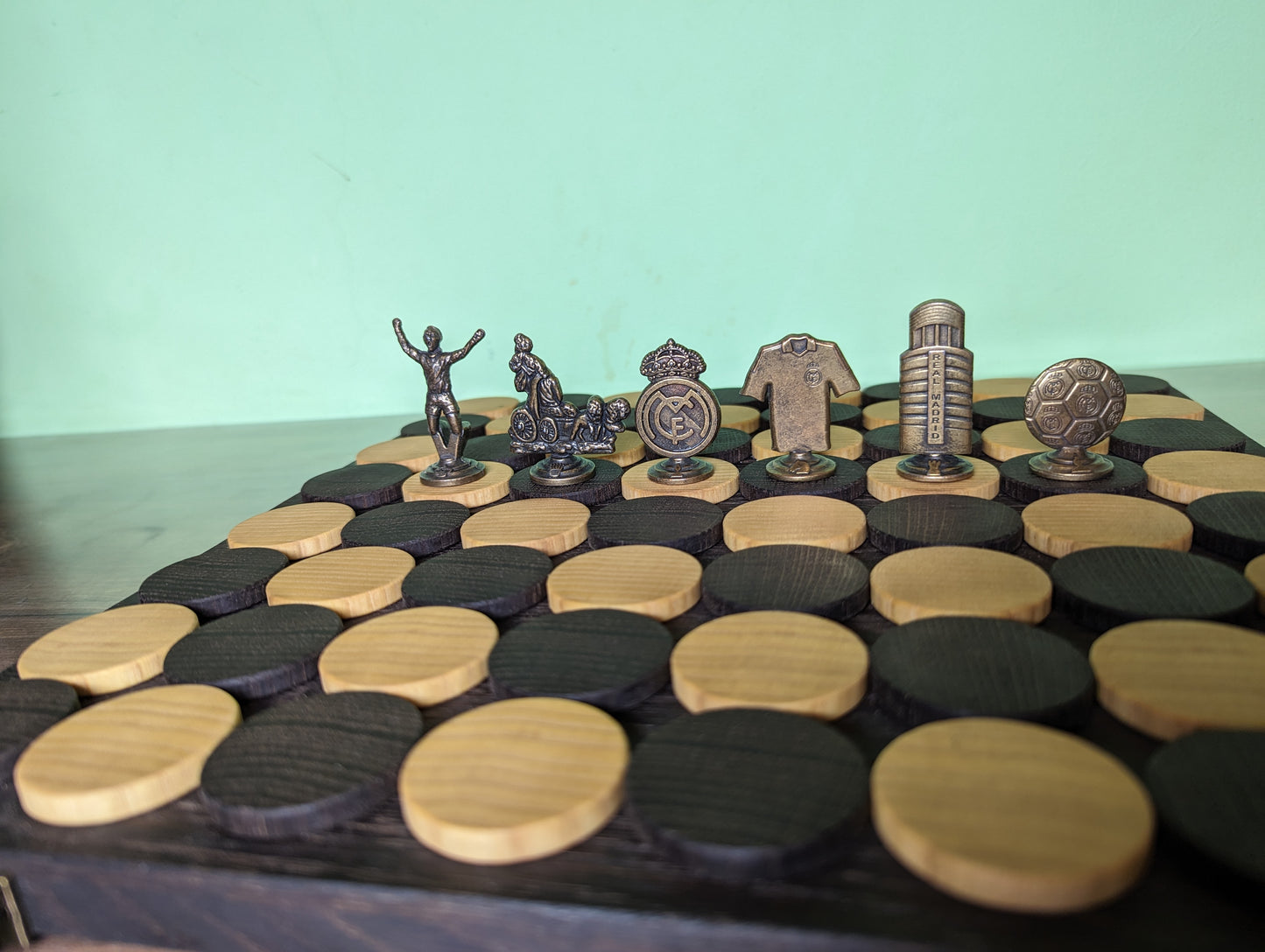 Real Madrid portable chess set. Metal chess pieces in handmade wooden box