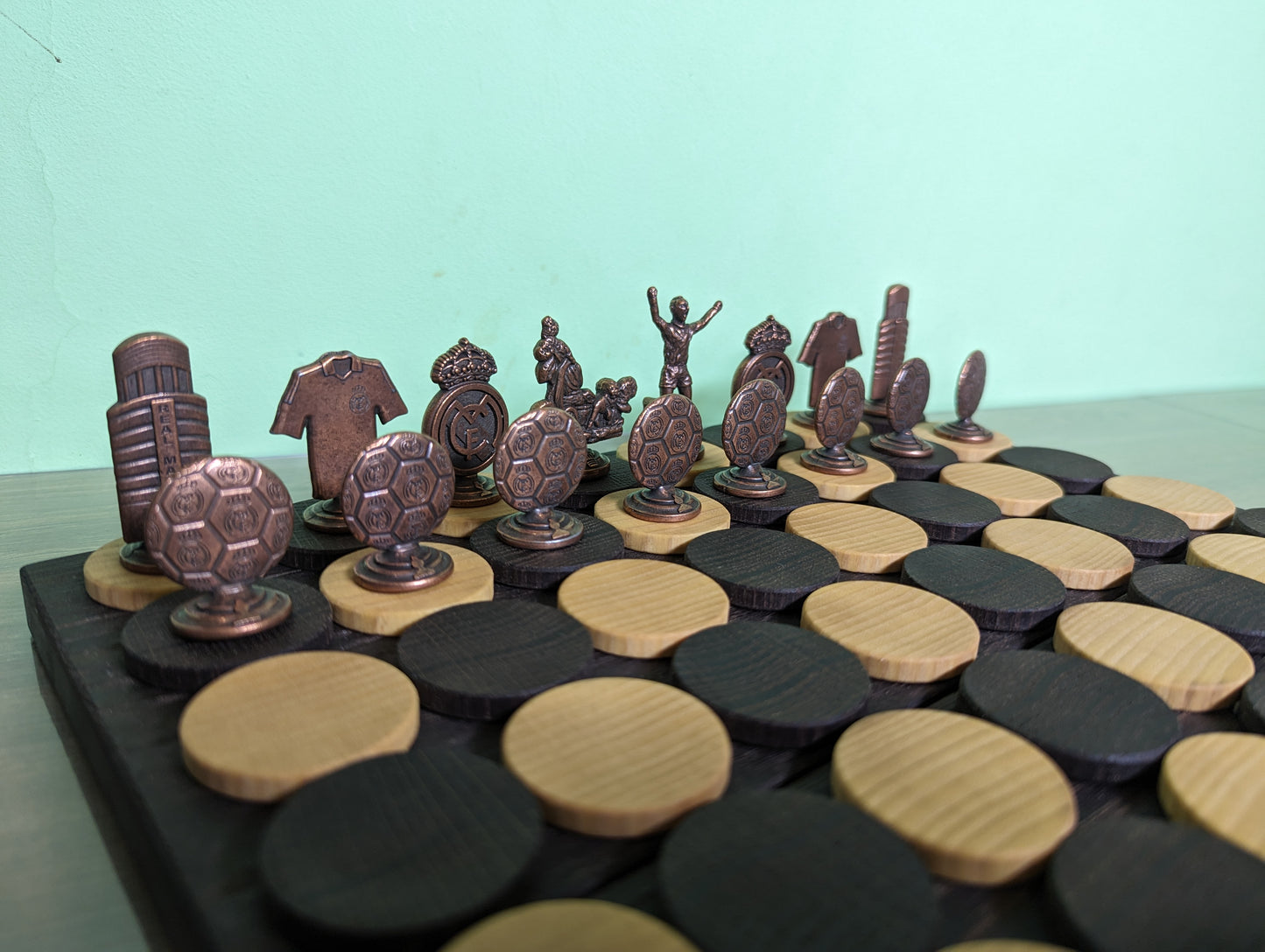 Real Madrid portable chess set. Metal chess pieces in handmade wooden box