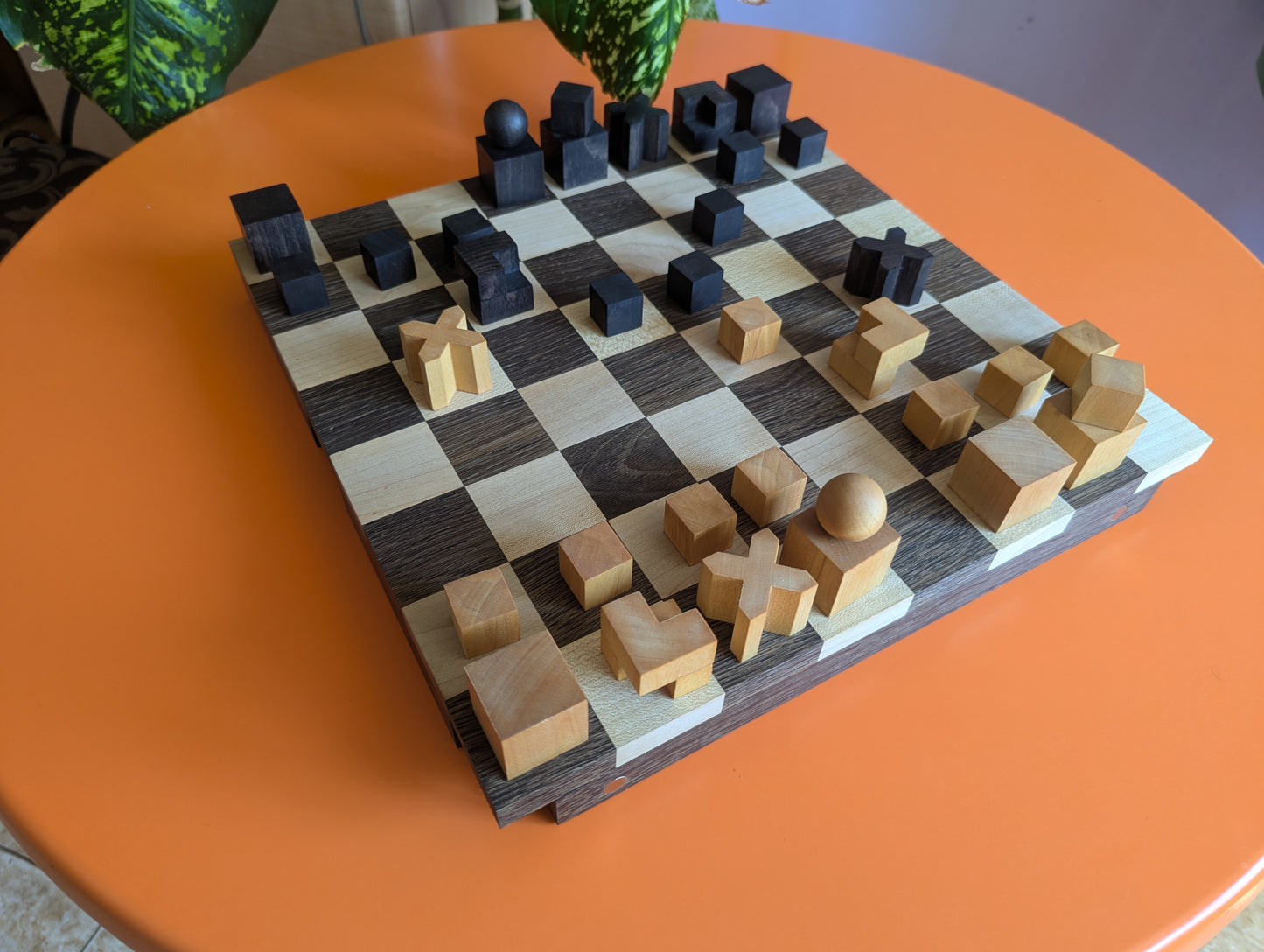 Portable Bauhaus Chess Set with Wooden Chessboard/Chessbox. Handmade.