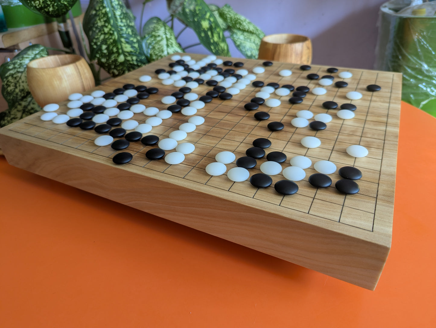 Full Goban solid wood hand carved 19x19 game Go board. Hardwood board
