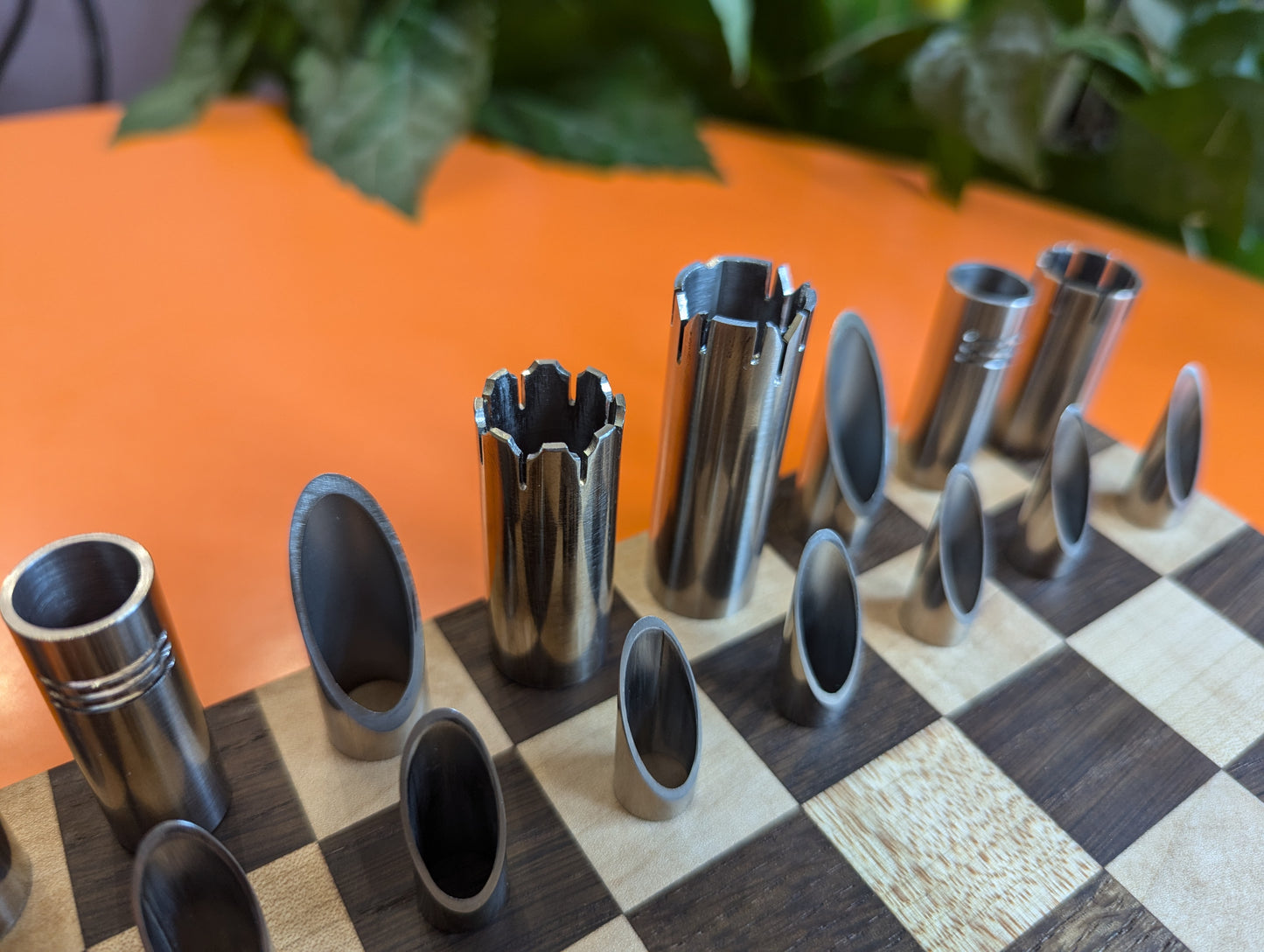 Small Foldable Stainless Steel Chess Set with Wooden Chessboard/box. Handmade.