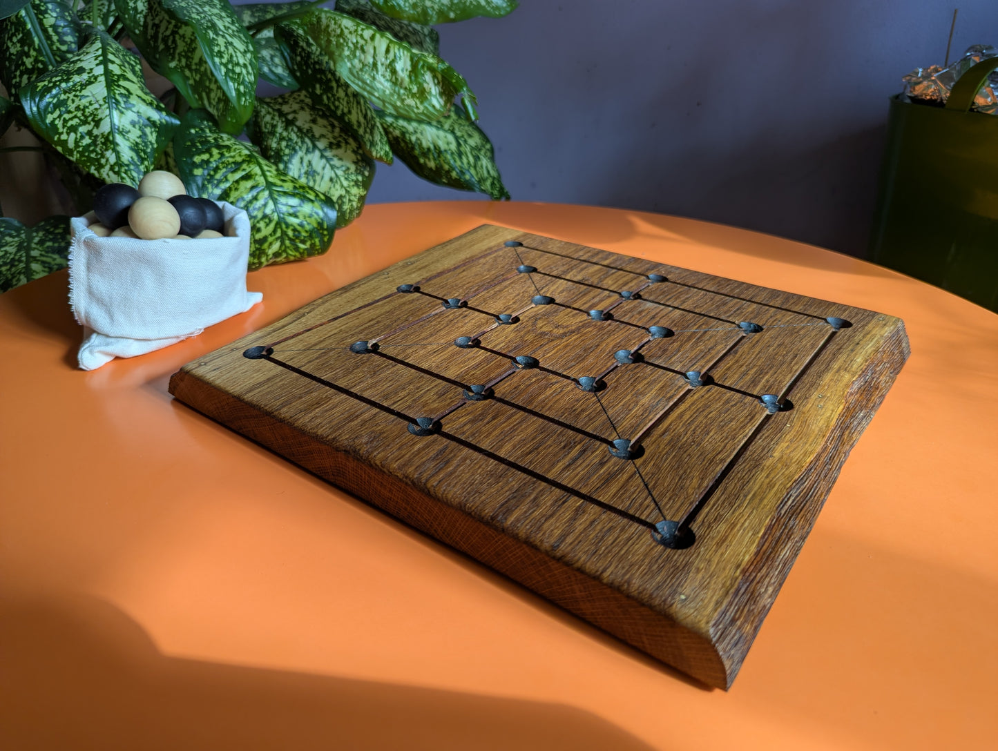 Handmade Twelve/Nine men's Morris game set. Solid oak wood board with live egde.