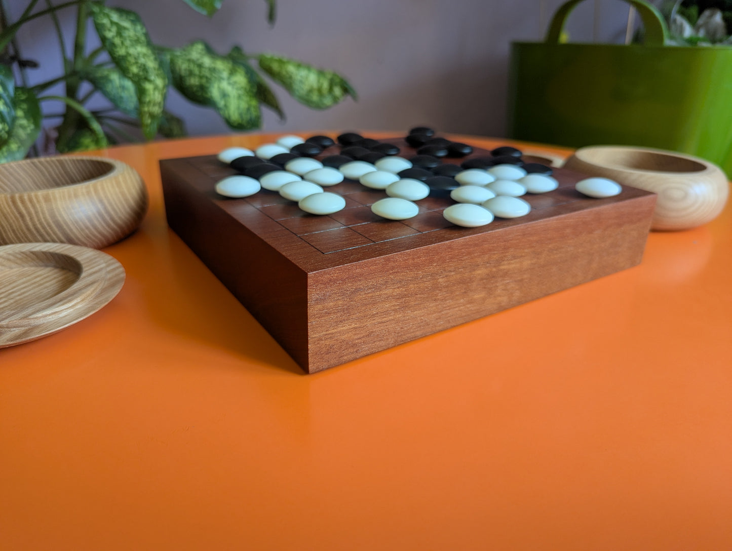 Redwood 9x9 game Go set. Hand carved solid wood Goban.