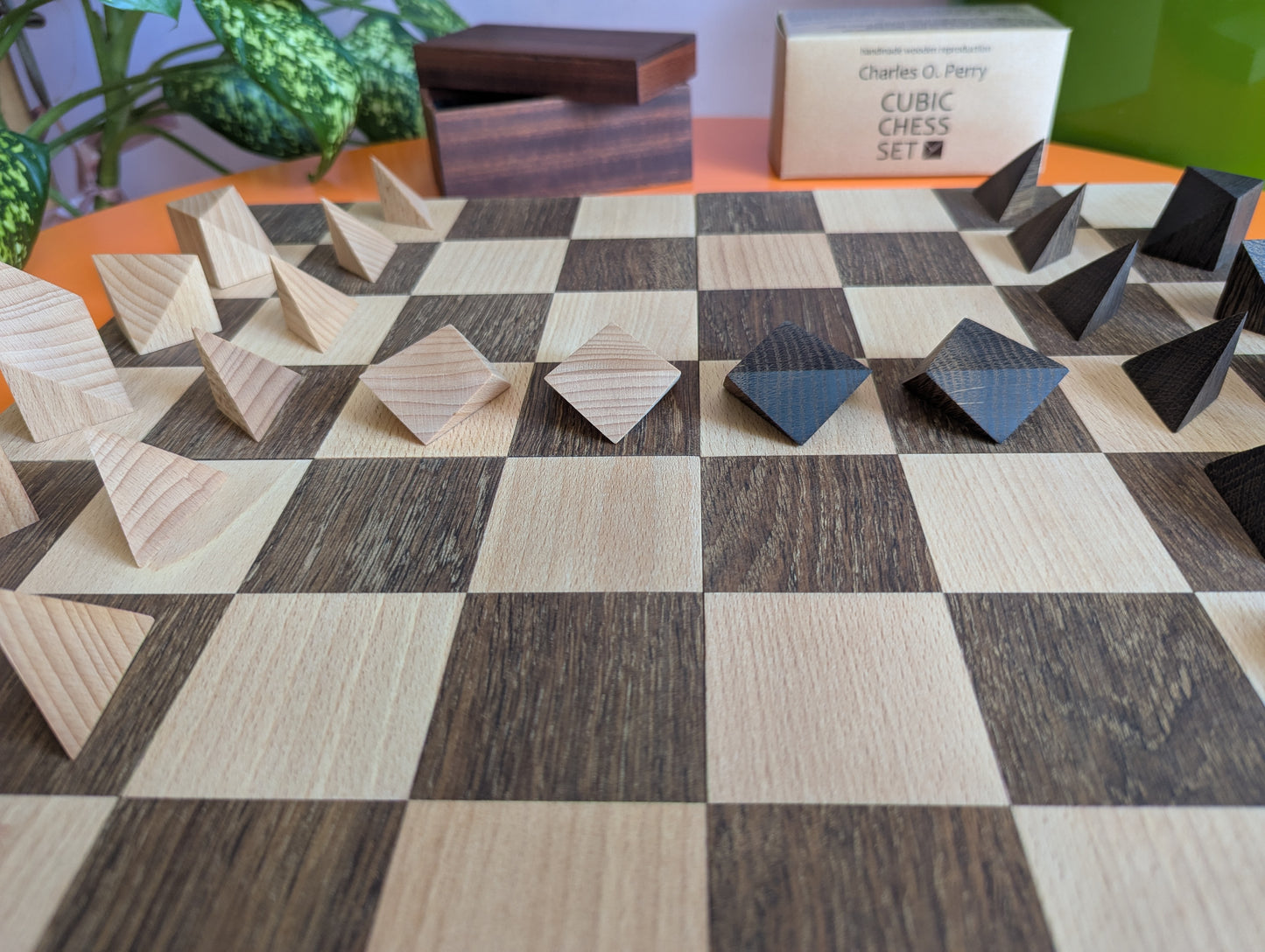 Cubic Chess Set by Charles O. Perry. Handmade wooden reproduction