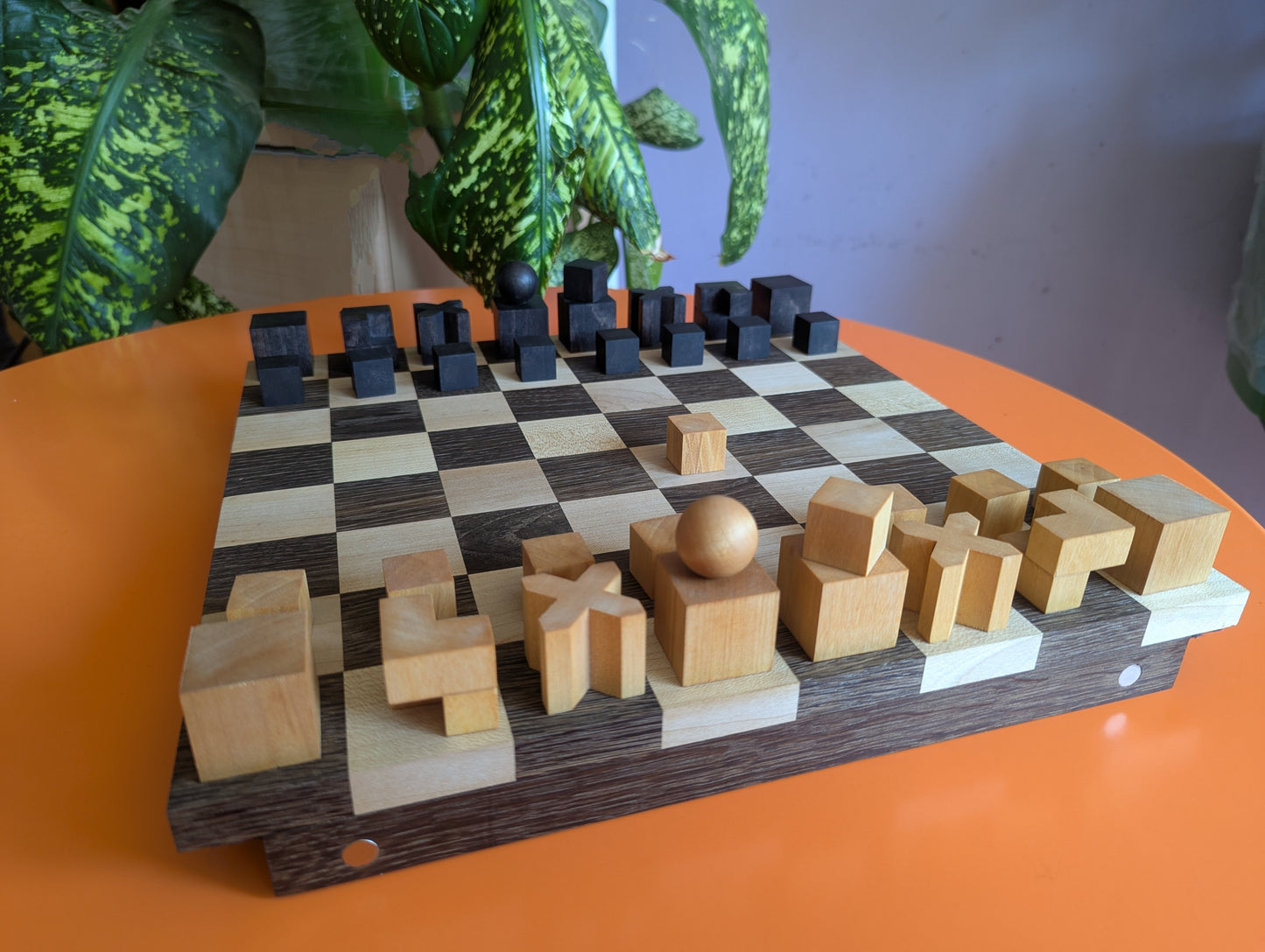 Portable Bauhaus Chess Set with Wooden Chessboard/Chessbox. Handmade.