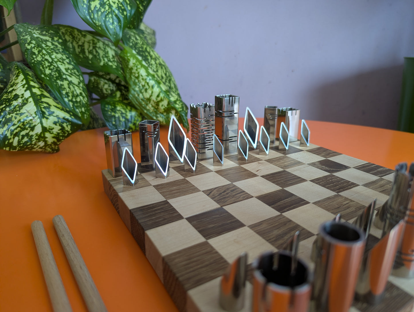 Compact Foldable Stainless Steel Chess Set with Wooden Chessboard/box. Handmade.