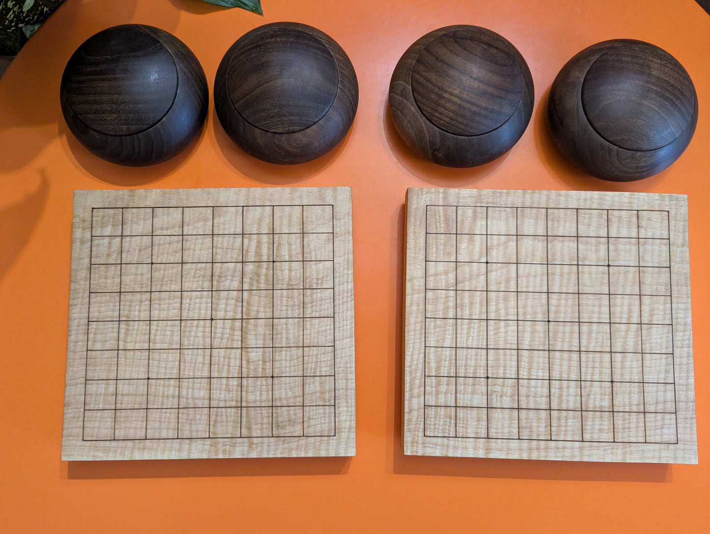 Solid maple 9x9 Goban with wave grain wood. Hand carved game Go board.