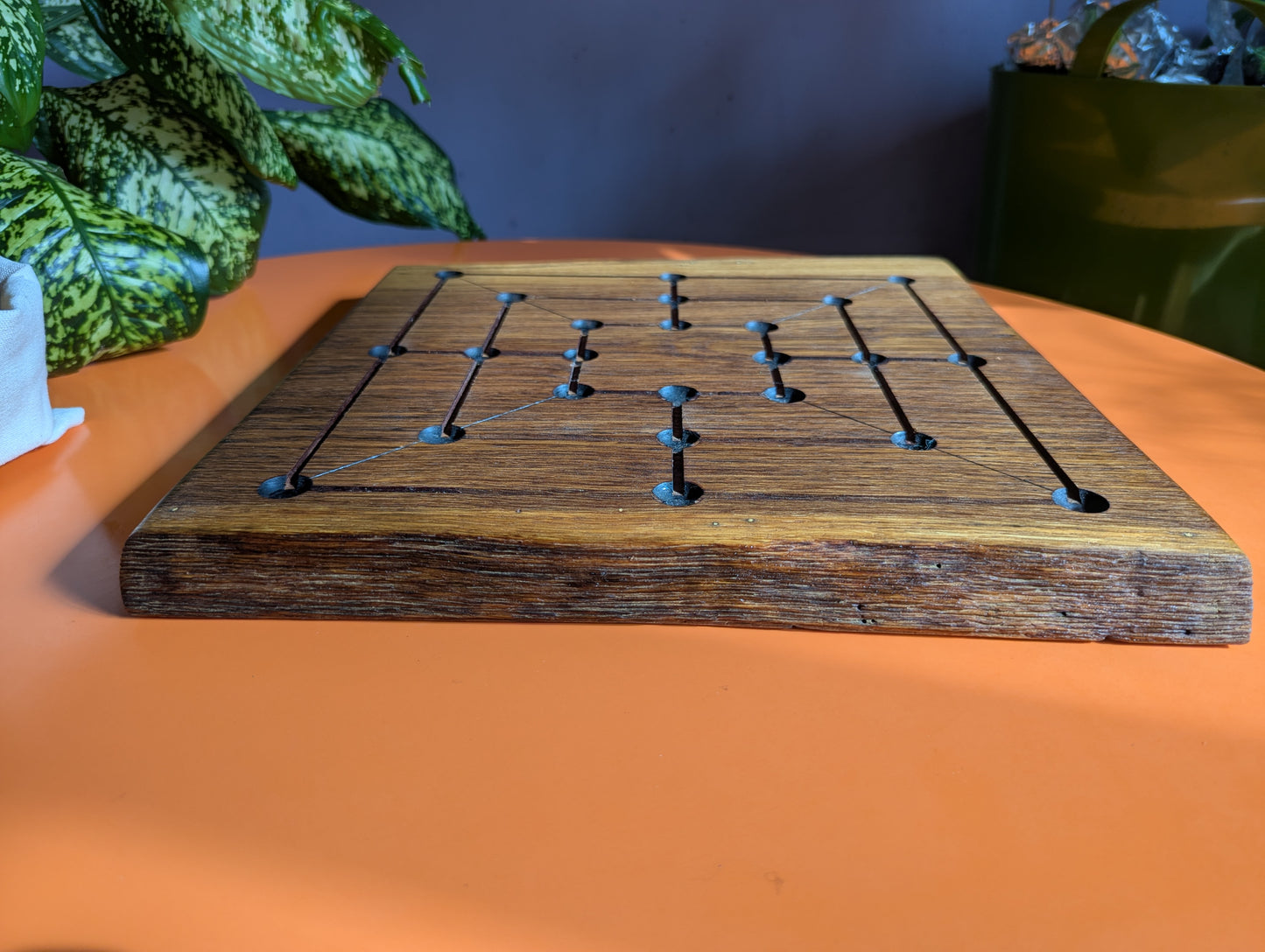 Handmade Twelve/Nine men's Morris game set. Solid oak wood board with live egde.