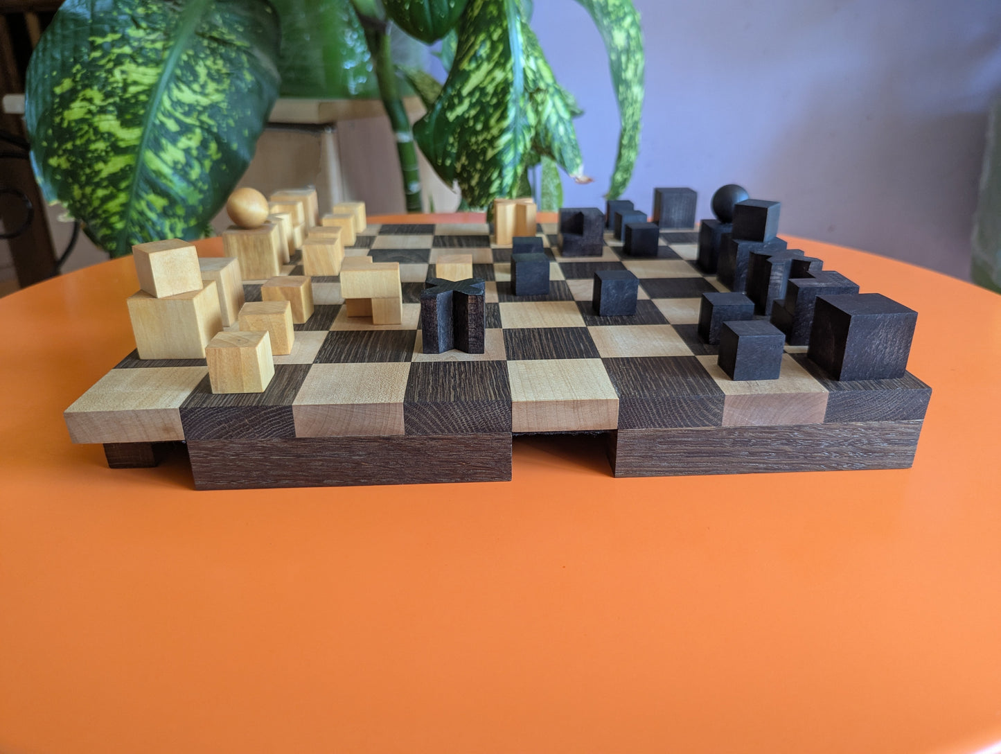 Portable Bauhaus Chess Set with Wooden Chessboard/Chessbox. Handmade.
