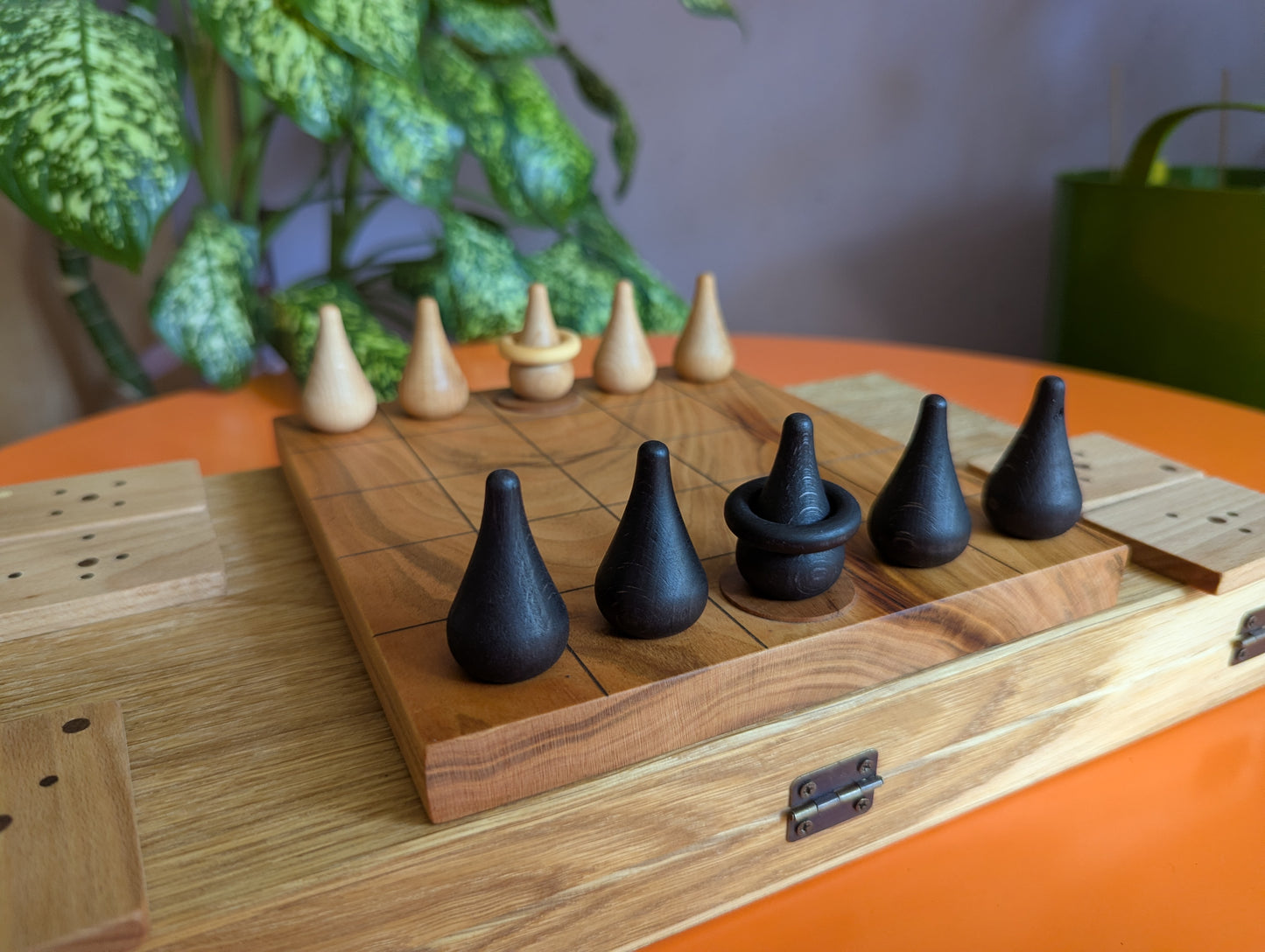 Compact wooden Onitama game set. Hardwood wood tiles. Martial arts game.